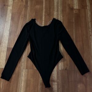 SHEIN Black Open Back Bodysuit with Chain Detail
